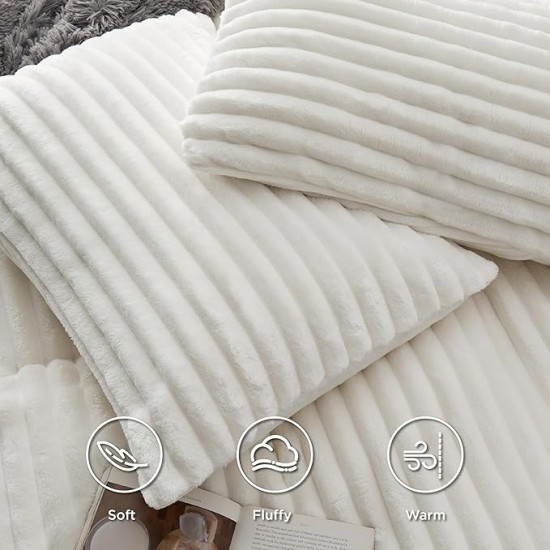 Fluffy Duvet Cover Set - Ultra Soft Plush Shaggy Comforter Cover Queen Size, Warm Flannel Fleece Bed Sets for Winter, 3 Pieces, 1 Duvet Cover & 2 Pillowcases (Striped Pattern, Coconut White)