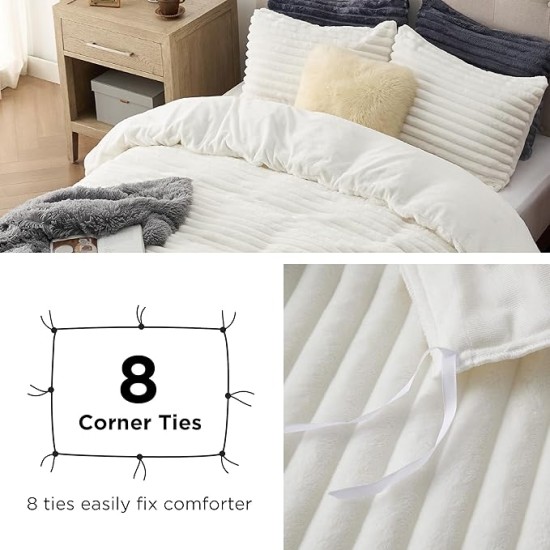Fluffy Duvet Cover Set - Ultra Soft Plush Shaggy Comforter Cover Queen Size, Warm Flannel Fleece Bed Sets for Winter, 3 Pieces, 1 Duvet Cover & 2 Pillowcases (Striped Pattern, Coconut White)
