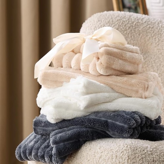 Fluffy Duvet Cover Set - Ultra Soft Plush Shaggy Comforter Cover Queen Size, Warm Flannel Fleece Bed Sets for Winter, 3 Pieces, 1 Duvet Cover & 2 Pillowcases (Striped Pattern, Coconut White)