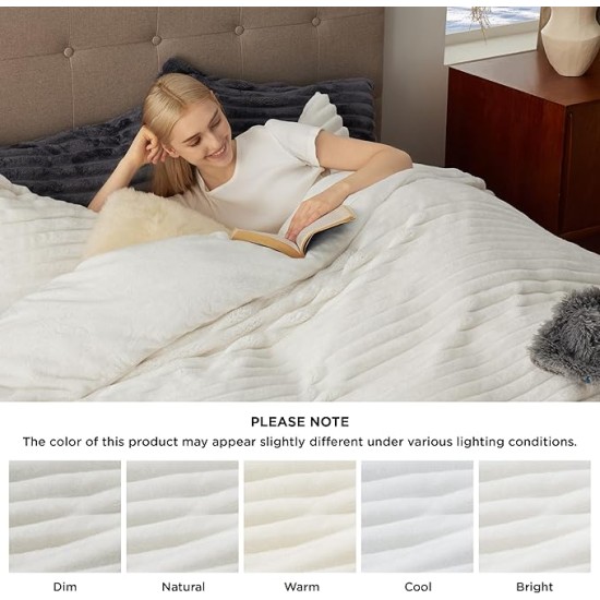 Fluffy Duvet Cover Set - Ultra Soft Plush Shaggy Comforter Cover Queen Size, Warm Flannel Fleece Bed Sets for Winter, 3 Pieces, 1 Duvet Cover & 2 Pillowcases (Striped Pattern, Coconut White)