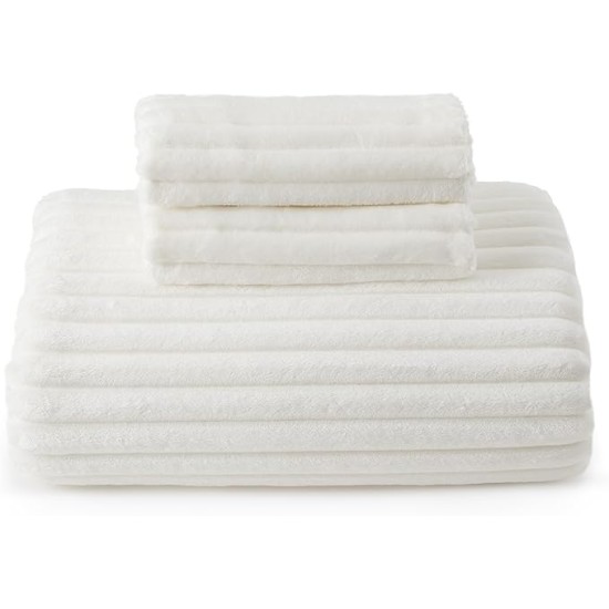 Fluffy Duvet Cover Set - Ultra Soft Plush Shaggy Comforter Cover Queen Size, Warm Flannel Fleece Bed Sets for Winter, 3 Pieces, 1 Duvet Cover & 2 Pillowcases (Striped Pattern, Coconut White)