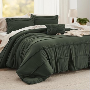 Olive Green Queen Comforter Set - 4 Pieces Pinch Pleat Bed Set, Down Alternative Bedding Sets for All Season, 1 Comforter, 2 Pillowcases, 1 Decorative Pillow