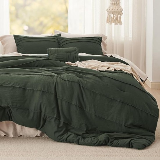 Olive Green Queen Comforter Set - 4 Pieces Pinch Pleat Bed Set, Down Alternative Bedding Sets for All Season, 1 Comforter, 2 Pillowcases, 1 Decorative Pillow