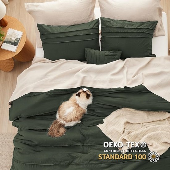 Olive Green Queen Comforter Set - 4 Pieces Pinch Pleat Bed Set, Down Alternative Bedding Sets for All Season, 1 Comforter, 2 Pillowcases, 1 Decorative Pillow