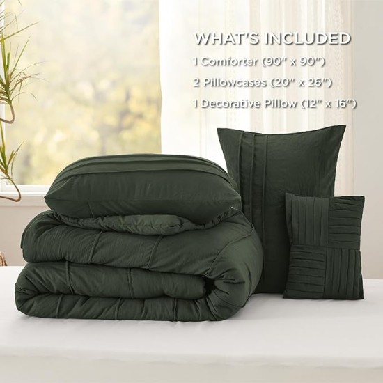 Olive Green Queen Comforter Set - 4 Pieces Pinch Pleat Bed Set, Down Alternative Bedding Sets for All Season, 1 Comforter, 2 Pillowcases, 1 Decorative Pillow