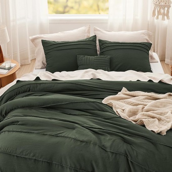 Olive Green Queen Comforter Set - 4 Pieces Pinch Pleat Bed Set, Down Alternative Bedding Sets for All Season, 1 Comforter, 2 Pillowcases, 1 Decorative Pillow
