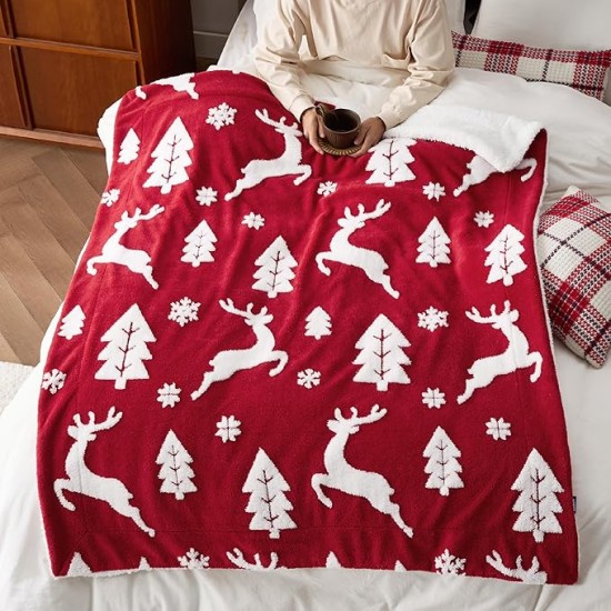 Christmas Blanket Red - Luxury Christmas Decorations Holiday Deer Blanket Warm Cozy Sherpa Blanket Gift 50"x60"