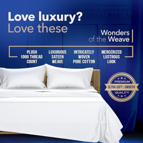 100% Egyptian Cotton King White Sheet Set - 1000 Thread Count 6 Piece Cotton Sheets for King Size Bed (4 Pillowcases), Soft, Cooling Luxury Hotel Sheets - Fits Upto 18” Deep Pocket