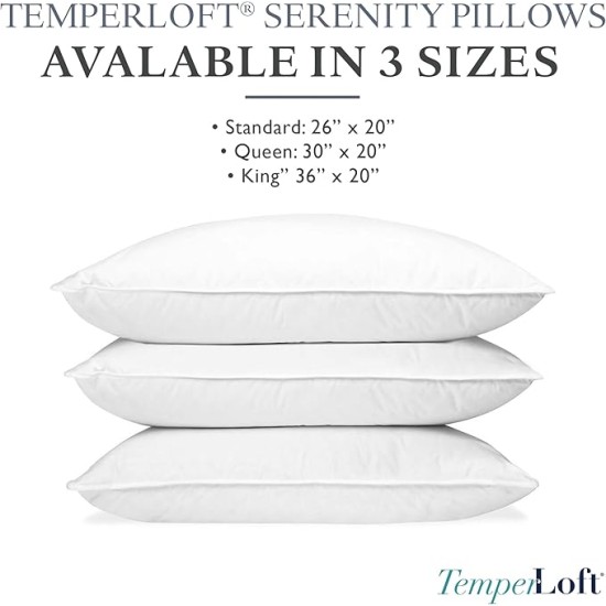 TemperLoft Serenity Pillows Standard (Set of 2), Down/Down Alternative Fill, 20x26, 100% Cotton Cover, Found in Leading Hotels Nationwide Hospitality Quality Delivered to Your Home