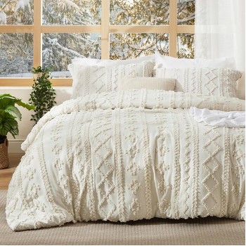 Tufted Boho Comforter Set Queen Size - Beige Boho Bedding Comforter Set, 3 Pieces Farmhouse Shabby Chic Embroidery Bed Set, Gifts for Woman, Soft Jacquard Comforter for All Seasons