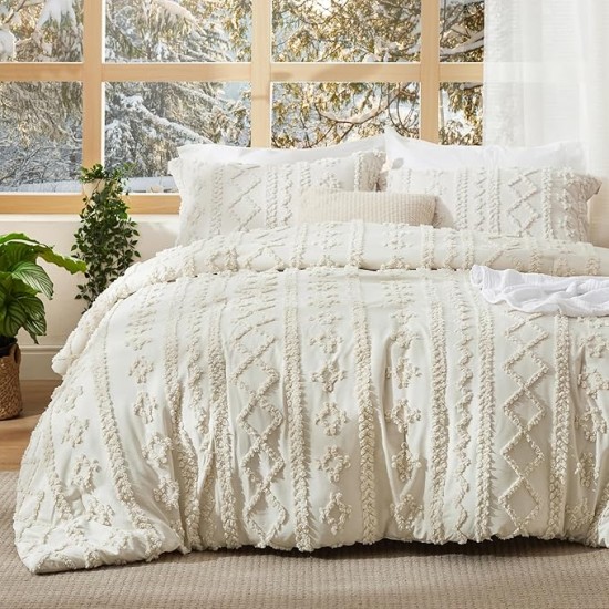 Tufted Boho Comforter Set Queen Size - Beige Boho Bedding Comforter Set, 3 Pieces Farmhouse Shabby Chic Embroidery Bed Set, Gifts for Woman, Soft Jacquard Comforter for All Seasons