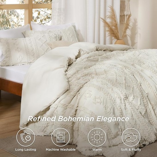 Tufted Boho Comforter Set Queen Size - Beige Boho Bedding Comforter Set, 3 Pieces Farmhouse Shabby Chic Embroidery Bed Set, Gifts for Woman, Soft Jacquard Comforter for All Seasons
