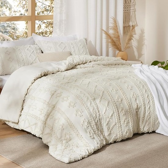 Tufted Boho Comforter Set Queen Size - Beige Boho Bedding Comforter Set, 3 Pieces Farmhouse Shabby Chic Embroidery Bed Set, Gifts for Woman, Soft Jacquard Comforter for All Seasons