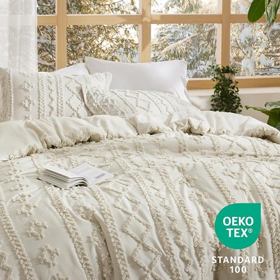 Tufted Boho Comforter Set Queen Size - Beige Boho Bedding Comforter Set, 3 Pieces Farmhouse Shabby Chic Embroidery Bed Set, Gifts for Woman, Soft Jacquard Comforter for All Seasons