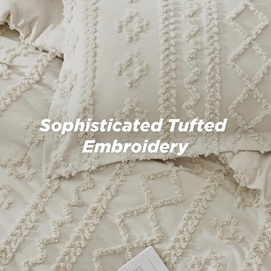 Tufted Boho Comforter Set Queen Size - Beige Boho Bedding Comforter Set, 3 Pieces Farmhouse Shabby Chic Embroidery Bed Set, Gifts for Woman, Soft Jacquard Comforter for All Seasons
