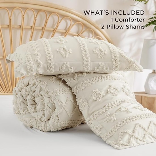 Tufted Boho Comforter Set Queen Size - Beige Boho Bedding Comforter Set, 3 Pieces Farmhouse Shabby Chic Embroidery Bed Set, Gifts for Woman, Soft Jacquard Comforter for All Seasons