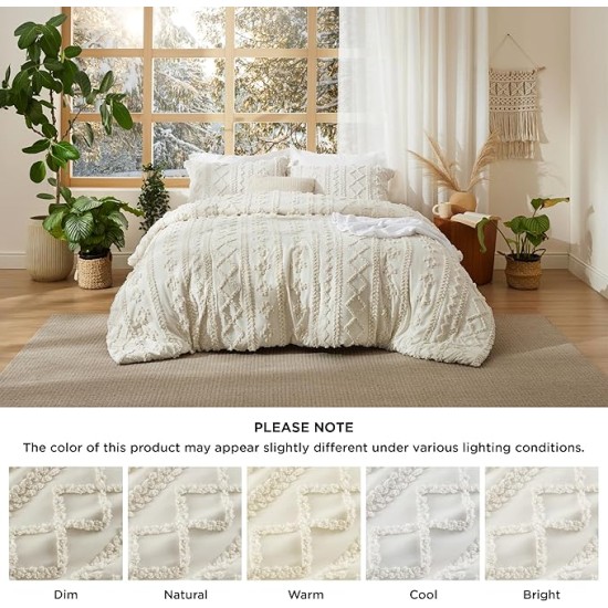 Tufted Boho Comforter Set Queen Size - Beige Boho Bedding Comforter Set, 3 Pieces Farmhouse Shabby Chic Embroidery Bed Set, Gifts for Woman, Soft Jacquard Comforter for All Seasons