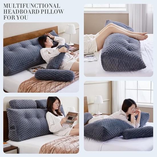 Wedge Headboard Pillow - Bed Wedge Pillow for Headboard Triangular Headboard Pillow with Neck Roll Pillow-Large Bolster Pillow for Sitting in Bed Backrest Positioning Support (Grey,76x8x20 Inches)