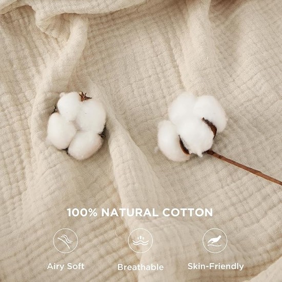 100% Cotton Muslin Blanket Queen Size for Bed - 4-Layer Breathable and Lightweight Muslin Blanket for Summer, Soft Gauze Fall Blanket, Beige, 90x90 Inches
