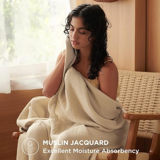 100% Cotton Muslin Blanket Queen Size for Bed - 4-Layer Breathable and Lightweight Muslin Blanket for Summer, Soft Gauze Fall Blanket, Beige, 90x90 Inches
