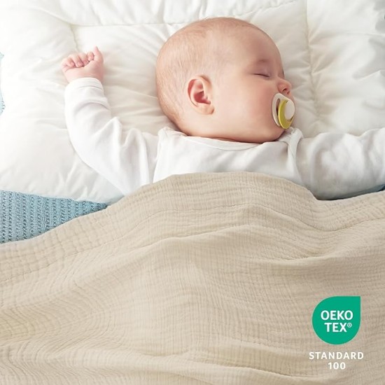 100% Cotton Muslin Throw Blanket Twin XL for Bed - 4-Layer Breathable and Lightweight Muslin Blanket for Summer, Soft Gauze Fall Blanket, Beige, 66x90 Inches