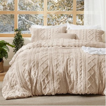 Tufted Boho Comforter Set Queen Size - Khaki Boho Bedding Comforter Set, 3 Pieces Farmhouse Shabby Chic Embroidery Bed Set, Gifts for Woman, Soft Jacquard Comforter for All Seasons