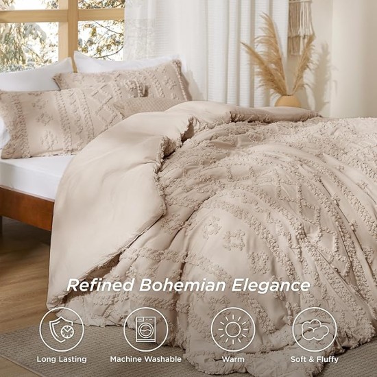 Tufted Boho Comforter Set Queen Size - Khaki Boho Bedding Comforter Set, 3 Pieces Farmhouse Shabby Chic Embroidery Bed Set, Gifts for Woman, Soft Jacquard Comforter for All Seasons