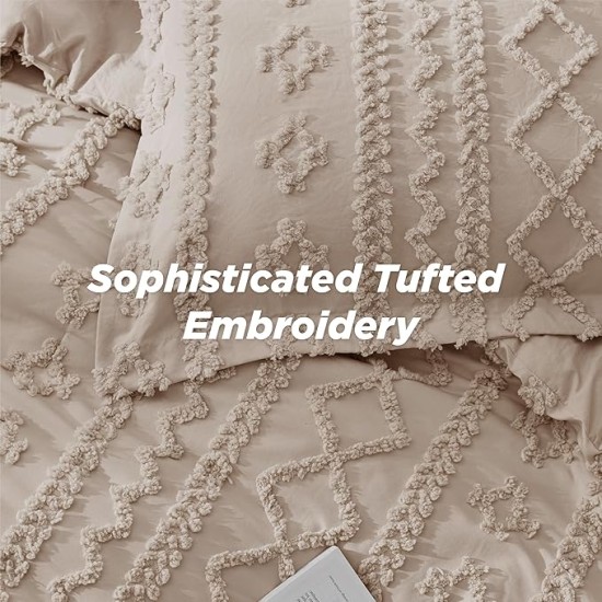 Tufted Boho Comforter Set Queen Size - Khaki Boho Bedding Comforter Set, 3 Pieces Farmhouse Shabby Chic Embroidery Bed Set, Gifts for Woman, Soft Jacquard Comforter for All Seasons