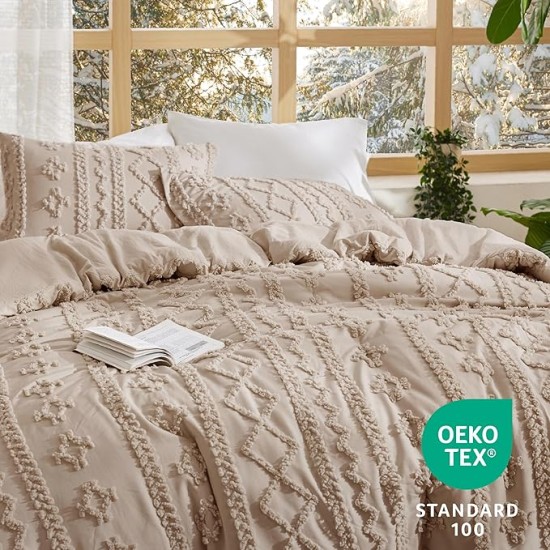 Tufted Boho Comforter Set Queen Size - Khaki Boho Bedding Comforter Set, 3 Pieces Farmhouse Shabby Chic Embroidery Bed Set, Gifts for Woman, Soft Jacquard Comforter for All Seasons