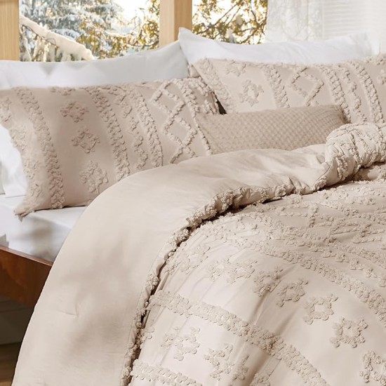 Tufted Boho Comforter Set Queen Size - Khaki Boho Bedding Comforter Set, 3 Pieces Farmhouse Shabby Chic Embroidery Bed Set, Gifts for Woman, Soft Jacquard Comforter for All Seasons