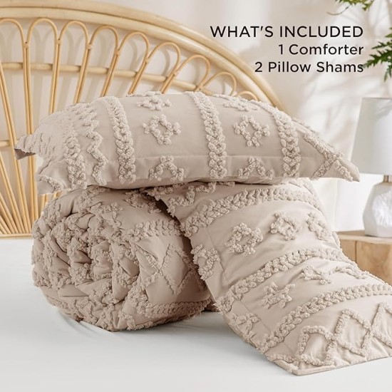 Tufted Boho Comforter Set Queen Size - Khaki Boho Bedding Comforter Set, 3 Pieces Farmhouse Shabby Chic Embroidery Bed Set, Gifts for Woman, Soft Jacquard Comforter for All Seasons