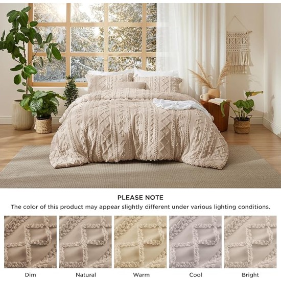 Tufted Boho Comforter Set Queen Size - Khaki Boho Bedding Comforter Set, 3 Pieces Farmhouse Shabby Chic Embroidery Bed Set, Gifts for Woman, Soft Jacquard Comforter for All Seasons