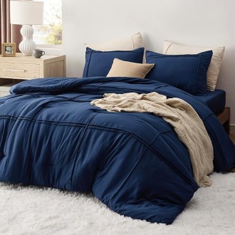Queen Comforter Set with Sheet - 4 Pieces Soft Navy Blue Bedding Sets, Grid Pinch Pleat, All Season Lightweight Fluffy Bed Set with Solid Boho Comforter, Pillowcases & Sheet