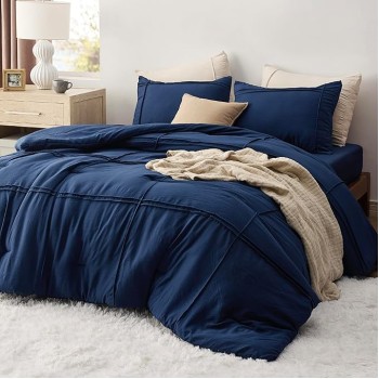 Queen Comforter Set with Sheet - 4 Pieces Soft Navy Blue Bedding Sets, Grid Pinch Pleat, All Season Lightweight Fluffy Bed Set with Solid Boho Comforter, Pillowcases & Sheet