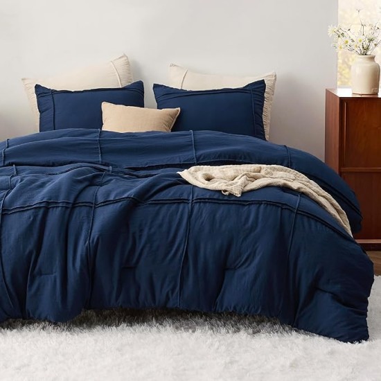 Queen Comforter Set with Sheet - 4 Pieces Soft Navy Blue Bedding Sets, Grid Pinch Pleat, All Season Lightweight Fluffy Bed Set with Solid Boho Comforter, Pillowcases & Sheet