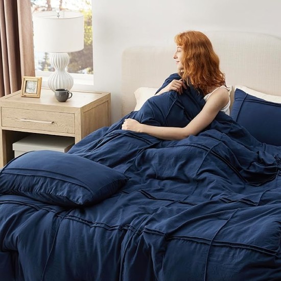 Queen Comforter Set with Sheet - 4 Pieces Soft Navy Blue Bedding Sets, Grid Pinch Pleat, All Season Lightweight Fluffy Bed Set with Solid Boho Comforter, Pillowcases & Sheet