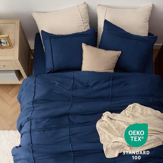 Queen Comforter Set with Sheet - 4 Pieces Soft Navy Blue Bedding Sets, Grid Pinch Pleat, All Season Lightweight Fluffy Bed Set with Solid Boho Comforter, Pillowcases & Sheet