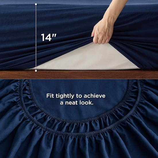 Queen Comforter Set with Sheet - 4 Pieces Soft Navy Blue Bedding Sets, Grid Pinch Pleat, All Season Lightweight Fluffy Bed Set with Solid Boho Comforter, Pillowcases & Sheet