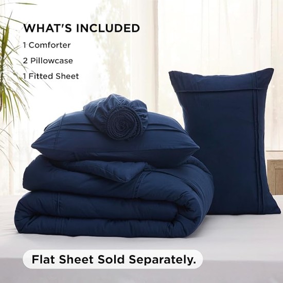 Queen Comforter Set with Sheet - 4 Pieces Soft Navy Blue Bedding Sets, Grid Pinch Pleat, All Season Lightweight Fluffy Bed Set with Solid Boho Comforter, Pillowcases & Sheet