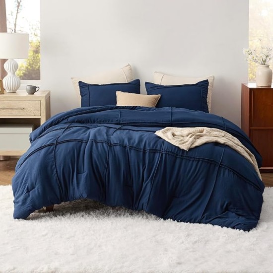 Queen Comforter Set with Sheet - 4 Pieces Soft Navy Blue Bedding Sets, Grid Pinch Pleat, All Season Lightweight Fluffy Bed Set with Solid Boho Comforter, Pillowcases & Sheet