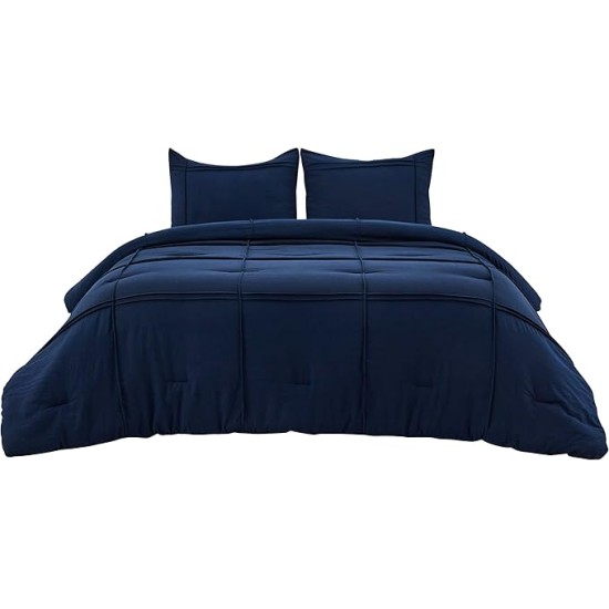 Queen Comforter Set with Sheet - 4 Pieces Soft Navy Blue Bedding Sets, Grid Pinch Pleat, All Season Lightweight Fluffy Bed Set with Solid Boho Comforter, Pillowcases & Sheet
