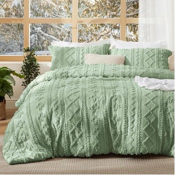 Tufted Boho Comforter Set Queen Size - Sage Green Boho Bedding Comforter Set, 3 Pieces Farmhouse Shabby Chic Embroidery Bed Set, Gifts for Woman, Soft Jacquard Comforter for All Seasons