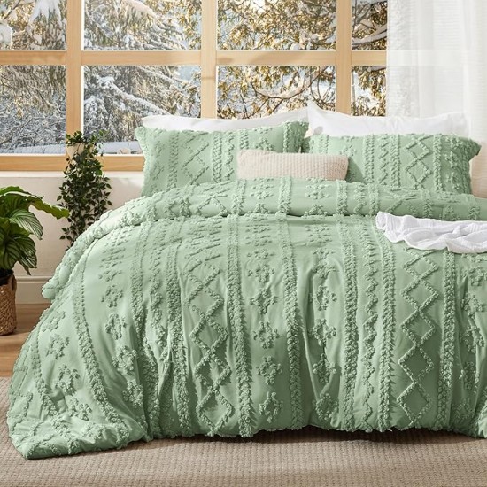 Tufted Boho Comforter Set Queen Size - Sage Green Boho Bedding Comforter Set, 3 Pieces Farmhouse Shabby Chic Embroidery Bed Set, Gifts for Woman, Soft Jacquard Comforter for All Seasons