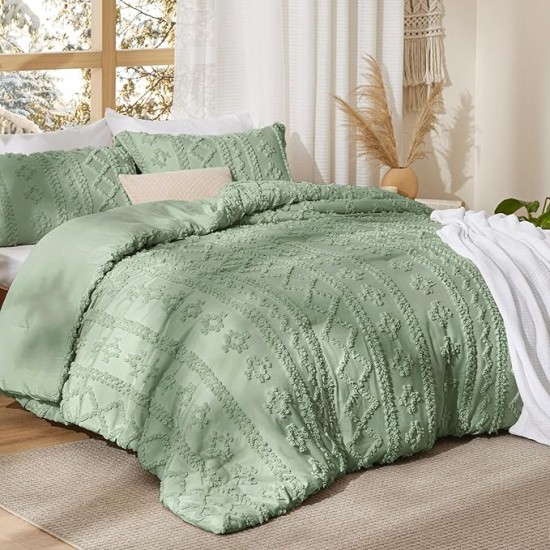 Tufted Boho Comforter Set Queen Size - Sage Green Boho Bedding Comforter Set, 3 Pieces Farmhouse Shabby Chic Embroidery Bed Set, Gifts for Woman, Soft Jacquard Comforter for All Seasons