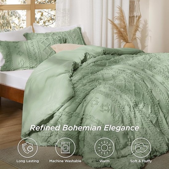 Tufted Boho Comforter Set Queen Size - Sage Green Boho Bedding Comforter Set, 3 Pieces Farmhouse Shabby Chic Embroidery Bed Set, Gifts for Woman, Soft Jacquard Comforter for All Seasons