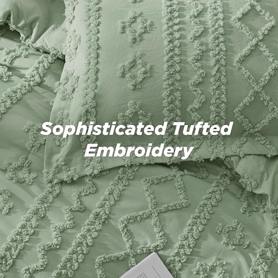 Tufted Boho Comforter Set Queen Size - Sage Green Boho Bedding Comforter Set, 3 Pieces Farmhouse Shabby Chic Embroidery Bed Set, Gifts for Woman, Soft Jacquard Comforter for All Seasons