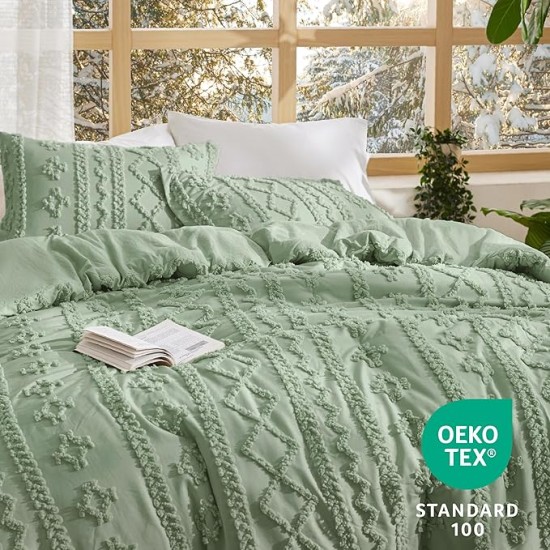 Tufted Boho Comforter Set Queen Size - Sage Green Boho Bedding Comforter Set, 3 Pieces Farmhouse Shabby Chic Embroidery Bed Set, Gifts for Woman, Soft Jacquard Comforter for All Seasons