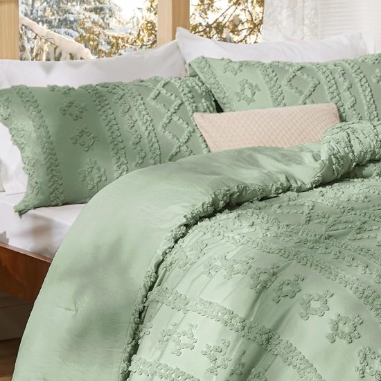 Tufted Boho Comforter Set Queen Size - Sage Green Boho Bedding Comforter Set, 3 Pieces Farmhouse Shabby Chic Embroidery Bed Set, Gifts for Woman, Soft Jacquard Comforter for All Seasons