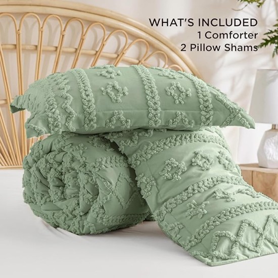 Tufted Boho Comforter Set Queen Size - Sage Green Boho Bedding Comforter Set, 3 Pieces Farmhouse Shabby Chic Embroidery Bed Set, Gifts for Woman, Soft Jacquard Comforter for All Seasons