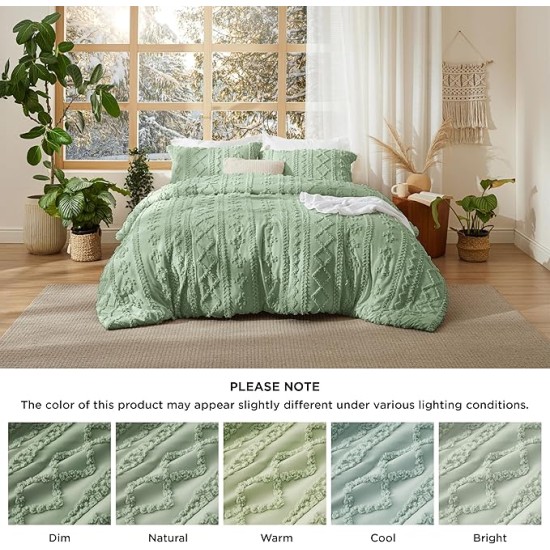 Tufted Boho Comforter Set Queen Size - Sage Green Boho Bedding Comforter Set, 3 Pieces Farmhouse Shabby Chic Embroidery Bed Set, Gifts for Woman, Soft Jacquard Comforter for All Seasons